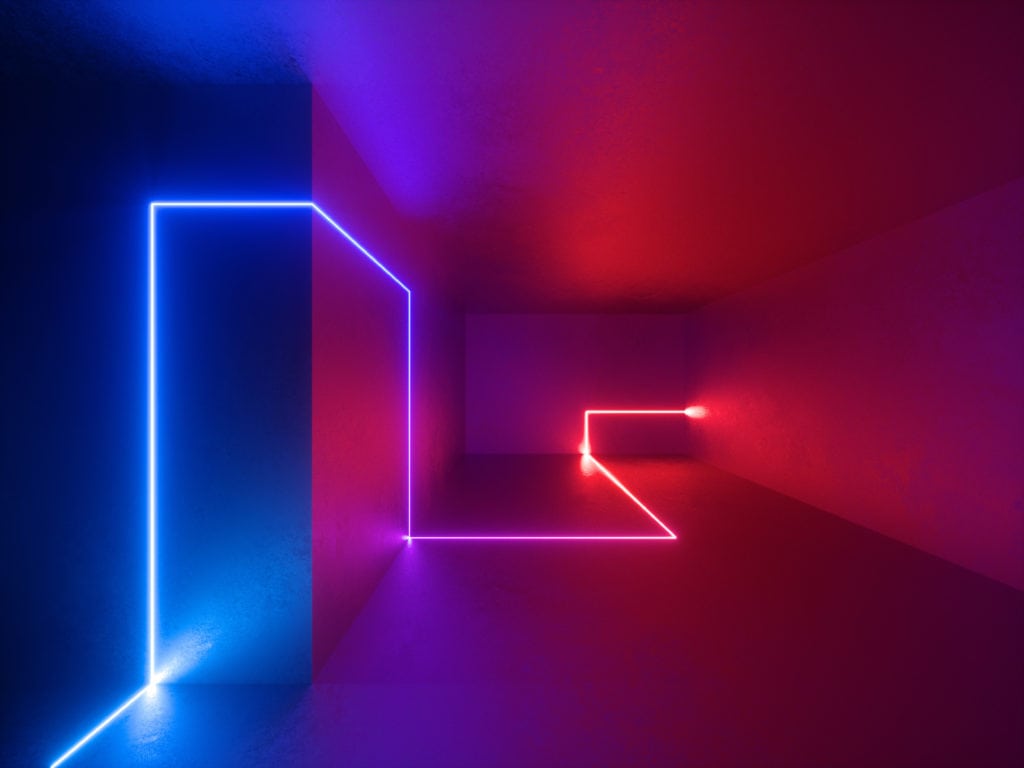 3d render, red blue neon lights indoor, virtual reality, glowing lines, abstract psychedelic background, vibrant colors.