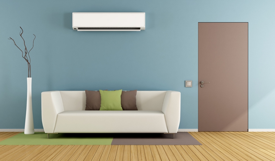 Living room with a ductless air conditioner