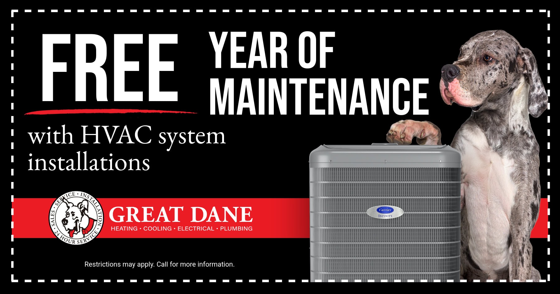 Website coupon for a free year of maintenance with HVAC system installations.